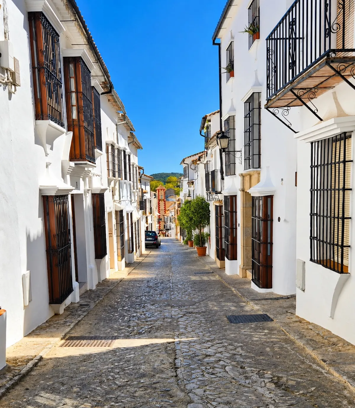 Calle estrecha y empedrada de Grazalema entre casas blancas con ventanas de madera y rejas de hierro forjado